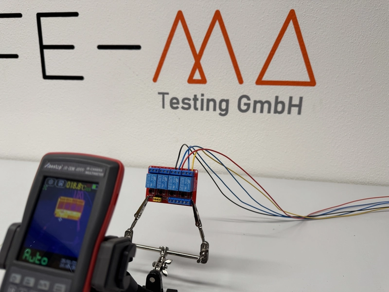 Elektronikplatine mit Kabeln wird im Labor mit Wärmebildkamera getestet, Firmenlogo im Hintergrund.