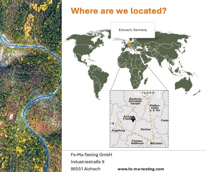Weltkarte mit Standortmarkierung für Fe-Ma-Testing GmbH in Ecknach bei Aichach, Bayern.